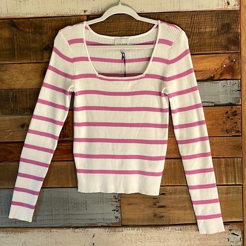 NWT Pink Rose Ivory and Purple Stripe Sweater.